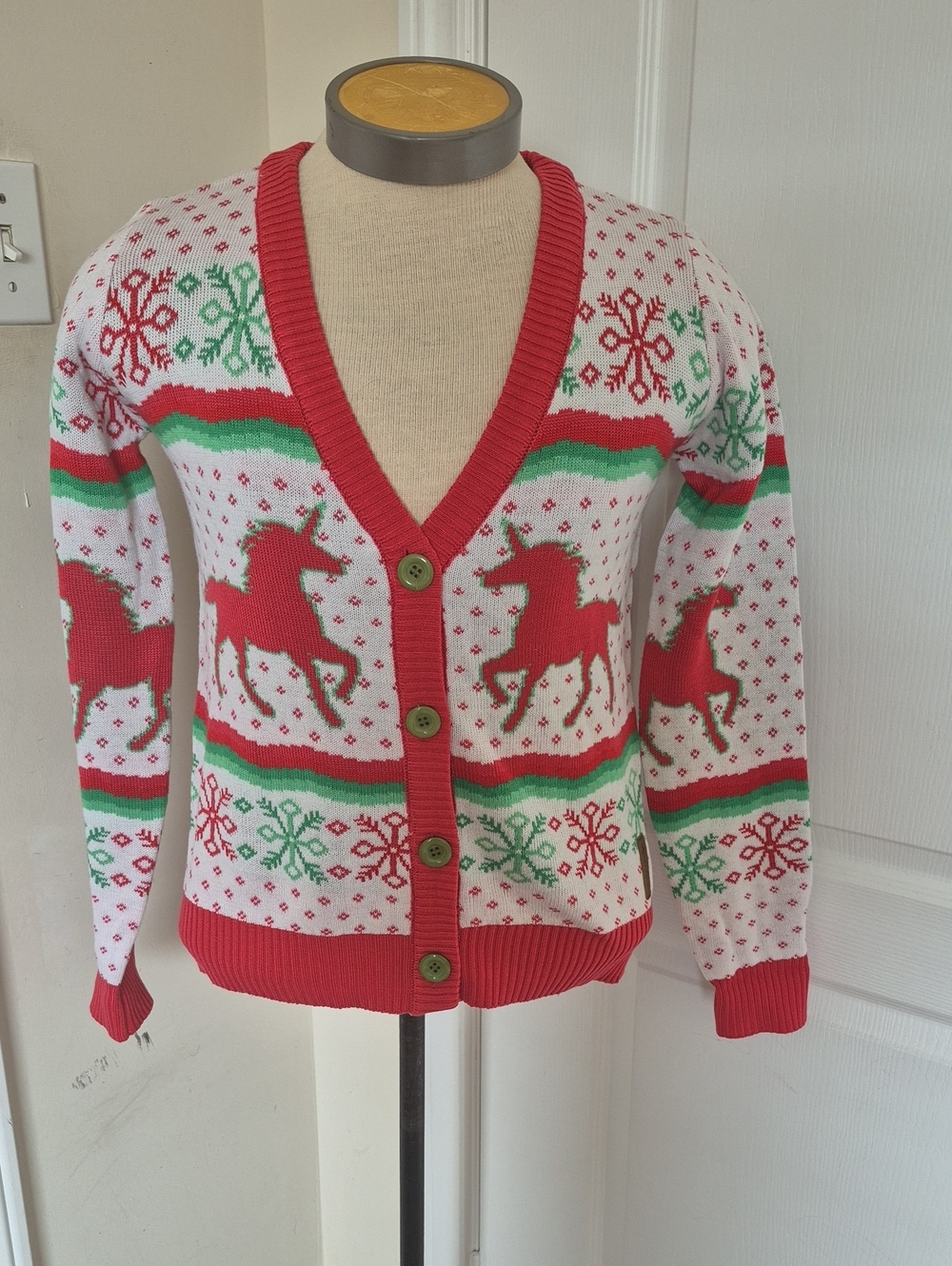 Tipsy Elves Red, Green & White Unicorn Holiday Cardigan - Picture 3 of 16